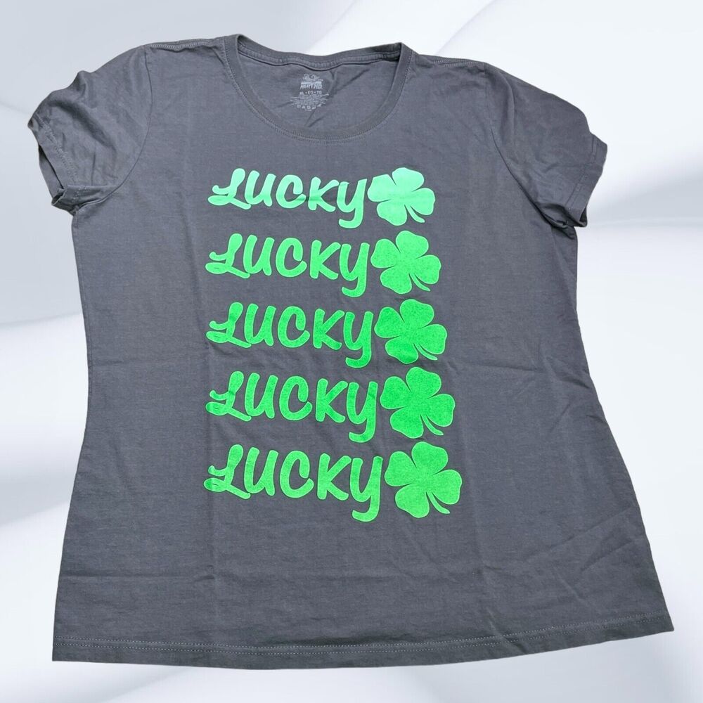 Fruit of the loom "LUCKY" Gray Short Sleeve Scoop‎ Neck T-Shirt Womens Size XL